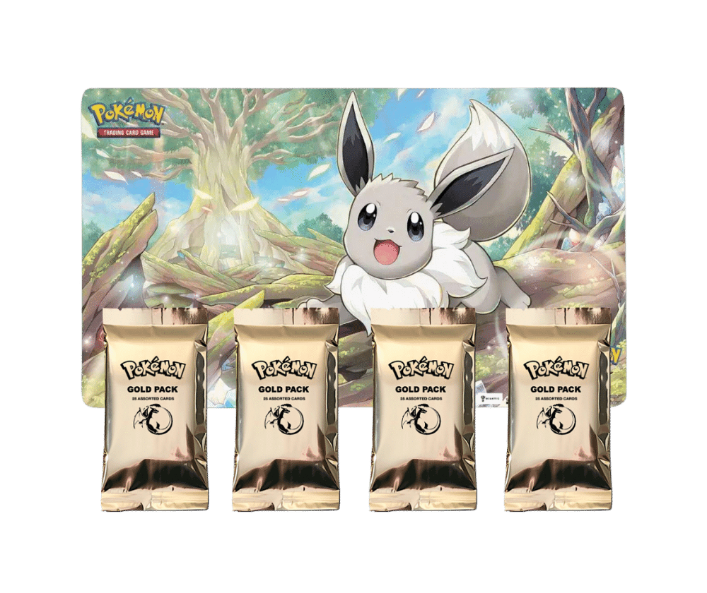 Pokémon Gold Pack Bundle 4 Packs & 1 Pokémon Official Playmat, – TCG Best  Value Collectibles