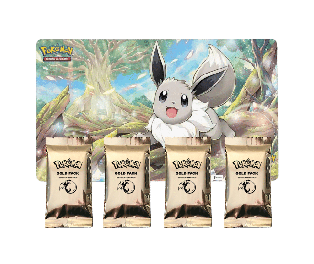 Pokemon Card GOLD PACK Bundle of 100 Cards & 1 Radiant Eevee Playmat - TCG Best Value Collectibles