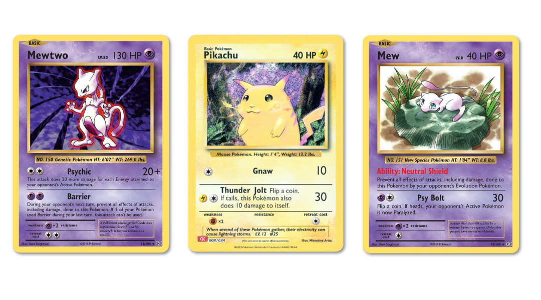 3 Pokémon Card Magnets Pikachu, Mewtwo & Mew