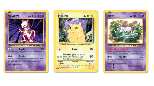 3 Pokémon Card Magnets Pikachu, Mewtwo & Mew