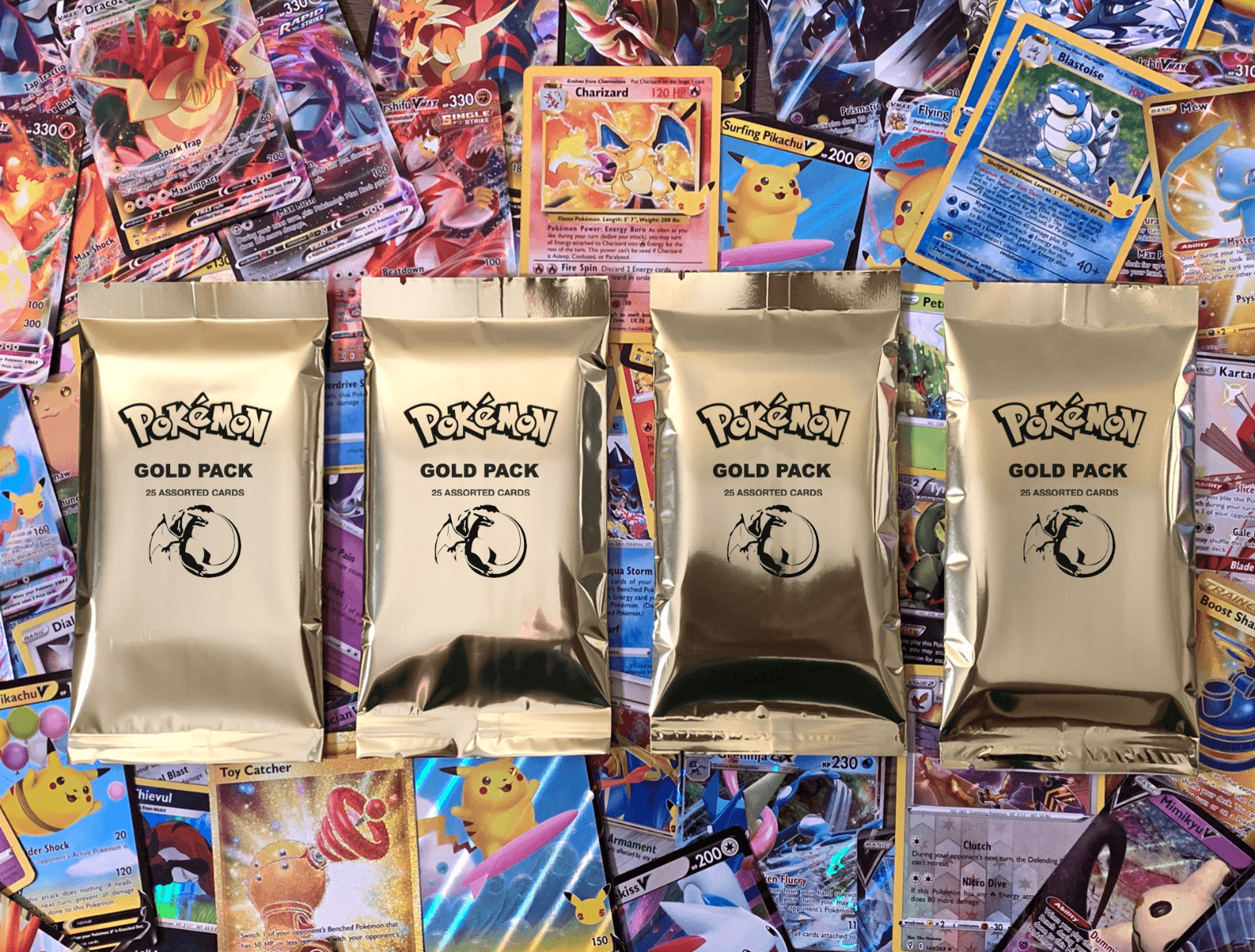 Pokémon Gold Pack 25 Official TCG Cards Including GX, EX, VMAX