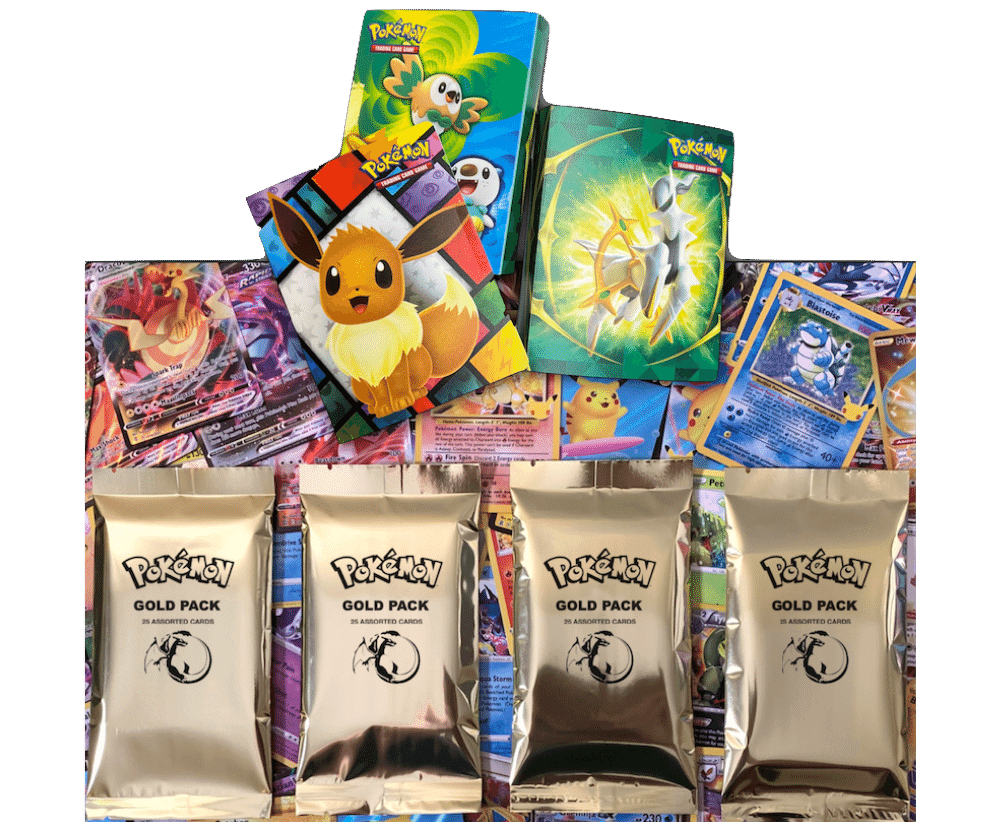 Pokemon Card GOLD PACK Bundle of 100 Cards & 2 x Mini Binder - TCG Best Value Collectibles